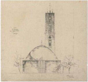 Gsaenger, Gustav; Kassel (Hessen); Kreuzkirche, Wiederaufbau - Tektur zum Wiederaufbau, Westseite (Ansicht)