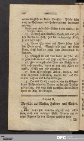 Capitel II. Vorsicht auf Reisen, Fahren und Reiten.