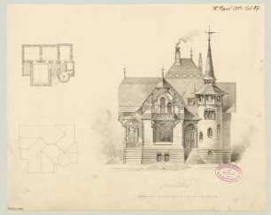 Ländliches Wohnhaus, Berlin-Lichterfelde Monatskonkurrenz April 1881: Grundriss Erdgeschoss, Dachaufsicht (Skizze), Aufriss Straßenansicht; Maßstabsleiste