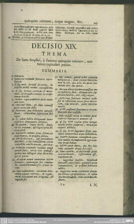 Decisio XIX. De furto simplici, a foemina quinquies reiterato, non tamen capitaliter punito
