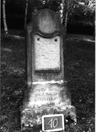 Grabstein 10 (Index: 100100973) Material: Sandstein Zustand: Schrifttafel fehlt Maße HxBxT: 148x57x20 cm Beschreibung: Stele, getreppter Sockel, Abschluß: Sonderform Symbolik: Davidstern Besonderheit: eingravierte Nummer: 65: Grabstein 10