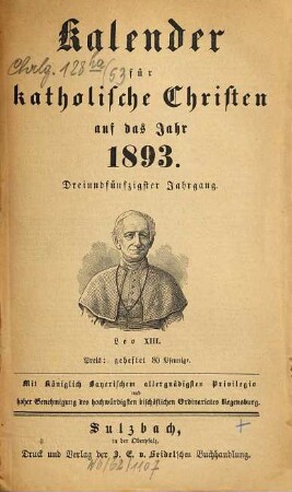 Kalender für katholische Christen : auf d. Jahr ... 53. 1893