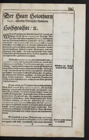 Der Statt Solothurn Replic, über die Bernische Antwort.