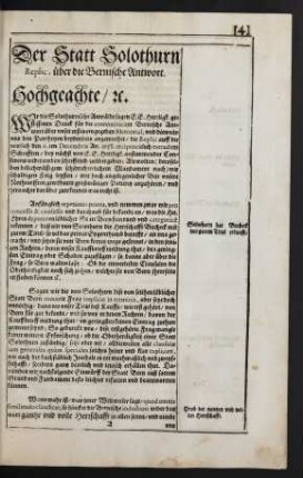 Der Statt Solothurn Replic, über die Bernische Antwort.
