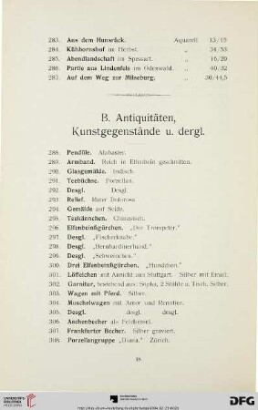 B. Antiquitäten, Kunstgegenstände u. dergl. (Nr. 288-471)