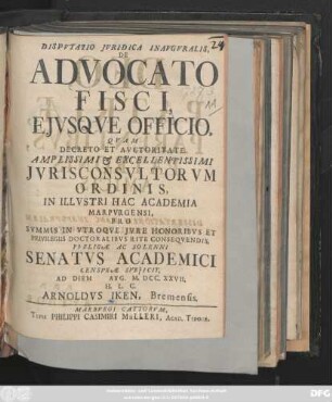 Dispvtatio Jvridica Inavgvralis, De Advocato Fisci, Ejvsqve Officio