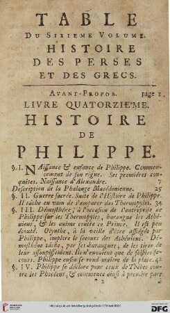 Table du sixième volume: Histoire des Perses et des Grecs