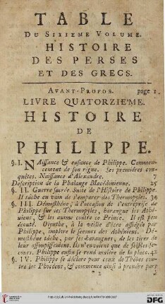 Table du sixième volume: Histoire des Perses et des Grecs
