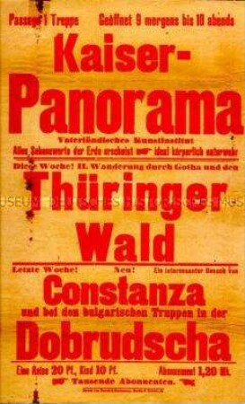 Maueranschlag mit Werbung für Vorführungen im Kaiserpanorama über den Thüringer Wald u.a.
