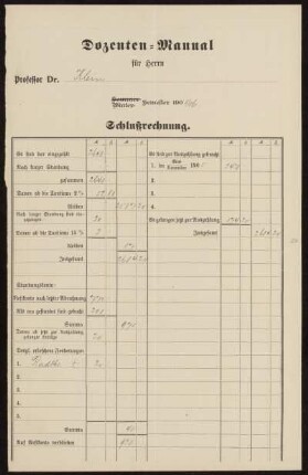 Dozenten-Manual für Herrn Professor Dr. Klein Winter-Semester 1905/06. Schlußrechnung.