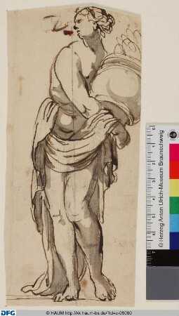 Stehende weibliche Figur, ein Gefäß in ihren Armen haltend