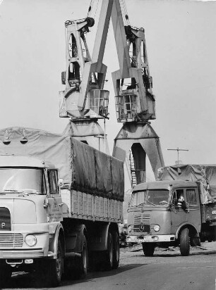Hamburg. Hafen. Spediteure warten mit ihren LKW im Freihafen an der Zollgrenze. Aufgenommen 1965
