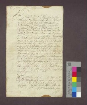 Verpachtung von Gütern des Domstifts Basel zu Huttingen und Istein an Michel Schmidt und Michel Dösterich (Döserich) zu Huttingen sowie Josef Dösterich (Döserich) zu Istein.