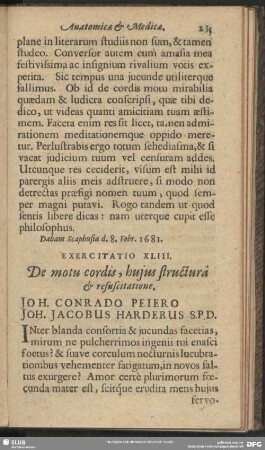 Exercitatio XLIII. De motu cordis, hujus structura & resuscitatione. Joh. Conrado Peiero Joh. Jacobus Harderus S. P. D