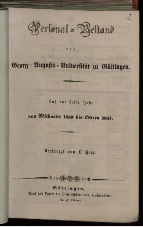 WS 1850/51: Personal-Bestand der Georg-Augusts-Universität zu Göttingen