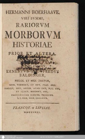 Hermanni Boerhaave, Viri Svmmi, Rariorvm Morborvm Historiae : Prior Et Altera