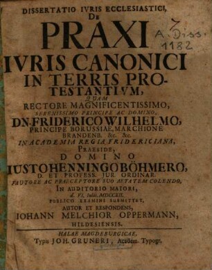 Dissertatio Ivris Ecclesiastici De Praxi Ivris Canonici In Terris Protestantivm