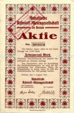 Aktie der Anhaltischen Rohstoff-Aktiengesellschaft zu Dessau über 10.000 Mark