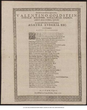 Humanitate & eruditione conspicuo iuveni, Valentino Goldstein, Scholae Magdaeb. Colllegae ! Eximio, amico meo intimo, Sponso De nuptiis auspicatißimis cum Viduâ lepidißímâ, Agatha Lvderia,. Etc. ex anio gratulor, Gabriel Rollenhagius