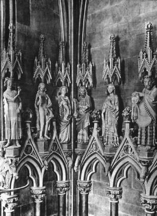 Freiburg im Breisgau, Unserer Lieben Frau, Westvorhalle, Ecke innere nördliche Westwand und Nordwand, Fürst d. Welt, Voluptas, Engel, Zacharias, Elisabeth, Johannes d.T.
