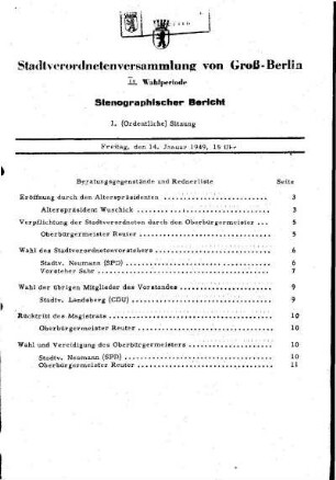 Nr. 1, 14. Januar 1949, Ordentliche Sitzung