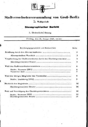 Nr. 1, 14. Januar 1949, Ordentliche Sitzung