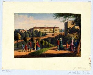 Blick vom nordwestlichen Zwingerwall in Dresden nach Norden auf das Hotel Bellevue (Calberlasche Zuckersiederei), rechts die erste Semperoper (Hoftheater)