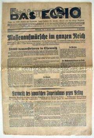 Regionale KPD-Zeitung "Das Echo" u.a. zu Massenprotesten gegen die NSDAP und zum Krieg in China