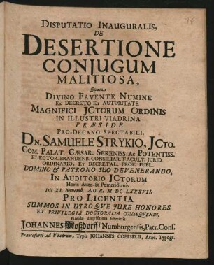 Disputatio Inauguralis, De Desertione Coniugum Malitiosa
