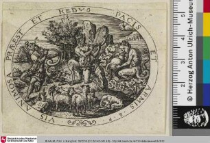 [Der Gott Pan, ein Krieger und ein Triton spielen verschiedene Instrumente, um Sieg und Frieden zu feiern; Le dieu Pan, un guerrier et un triton jouant de divers instruments pour célébrer la victoire et la paix]