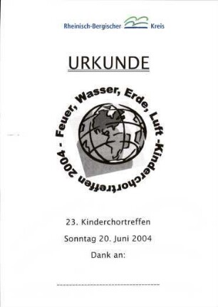 Urkunde über die Teilnahme am 23. Kinderchortreffen des Rheinisch-Bergischen Kreises