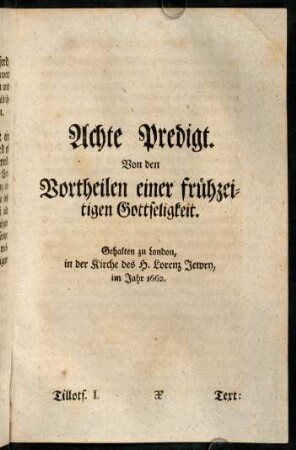 337-382, Achte Predigt. Von den Vortheilen einer fruehzeitigen Gottseligkeit.