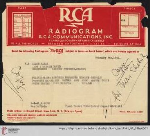 Korrespondenz von Alice und Ludwig Klein: Telegramm von Irmgard Ehrlich und Max Klein an Alice Klein