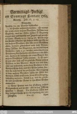 [No. 27.] Vormittags-Predigt am Sonntage Cantate 1762. Evang. Joh. 16, 5 - 15.