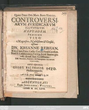 Controversiarum Iuridicarum Illustrium. Heptadem.