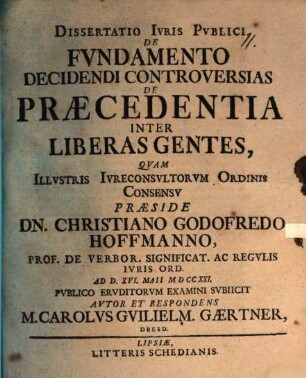 De fundamento decidendi controversias de praecedentia inter liberas gentas