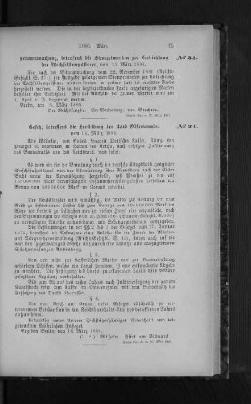 No. 33. Bekanntmachung, betreffend die Stempelmarken zur Entrichtung der Wechselstempelsteuer, vom 15. März 1886.