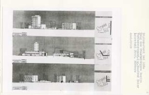Haus des Staatsbürgers, Berlin-Tiergarten (Diplomarbeit bei Kurt Dübbers): Ansichten von Osten, Norden, Internat und Hausmeister 1:200