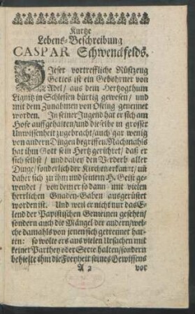 Kurtze Lebens-Beschreibung Caspar Schwenckfelds.