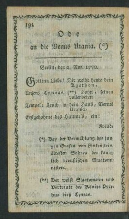 Ode an die Venus Urania. Berlin, den 2. Nov. 1770.