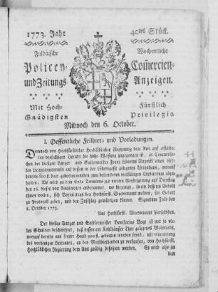 40tes Stück, Ausgabe vom 6. October 1773