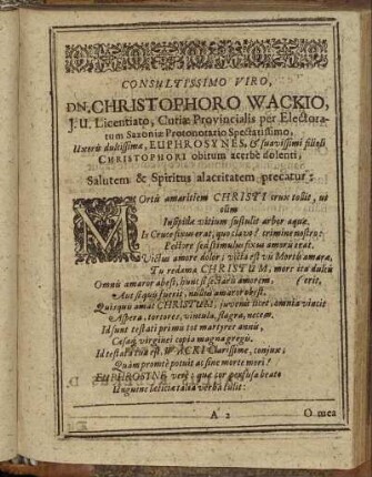 Consultissimo Viro, Dn. Christophoro Wackio [...]