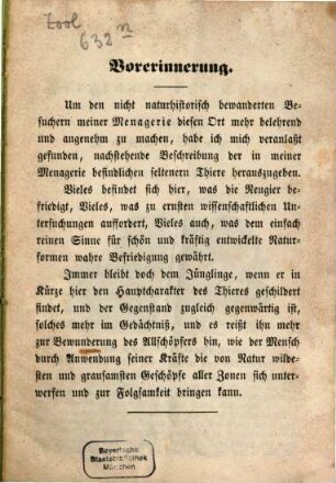 G. Kreutzberg's grosse Menagerie :  Verzeichniss sämmtlicher in dieser Menagerie befindlichen Thiere, nebst einer Kurzen Beschreibung der merkwürdigeren und ihrer Lebensweise. [Umschlagtitel]