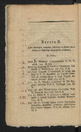 Sectio II. Libri theologici, exegetici, Philologi et Critici sacri, Patres et Historiae ecclesiasticae scriptores
