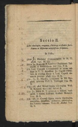 Sectio II. Libri theologici, exegetici, Philologi et Critici sacri, Patres et Historiae ecclesiasticae scriptores