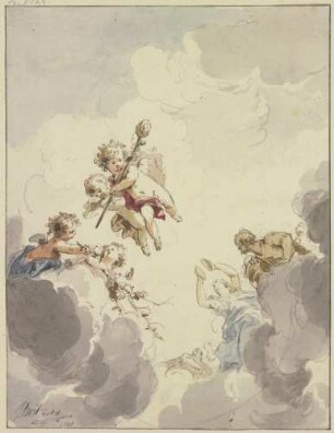 Amoretten mit einem Thyrsusstab und Bacchanten in Wolken