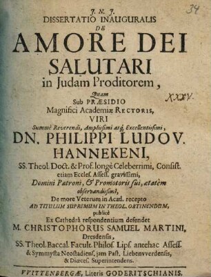 Diss. inaug. de amore Dei salutari in Judam proditorem