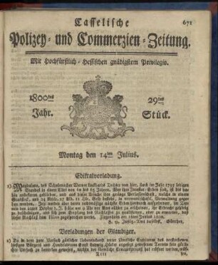 29tes Stueck, Montag den 14ten Julius 1800