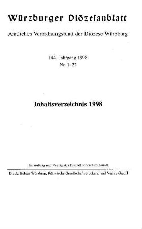 Würzburger Diözesanblatt : amtliches Verordnungsblatt der Diözese Würzburg. 144. 1998