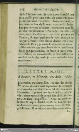 Lettre DLXXIV. A Rennes, ce Mécredi, 27. Août, 1689